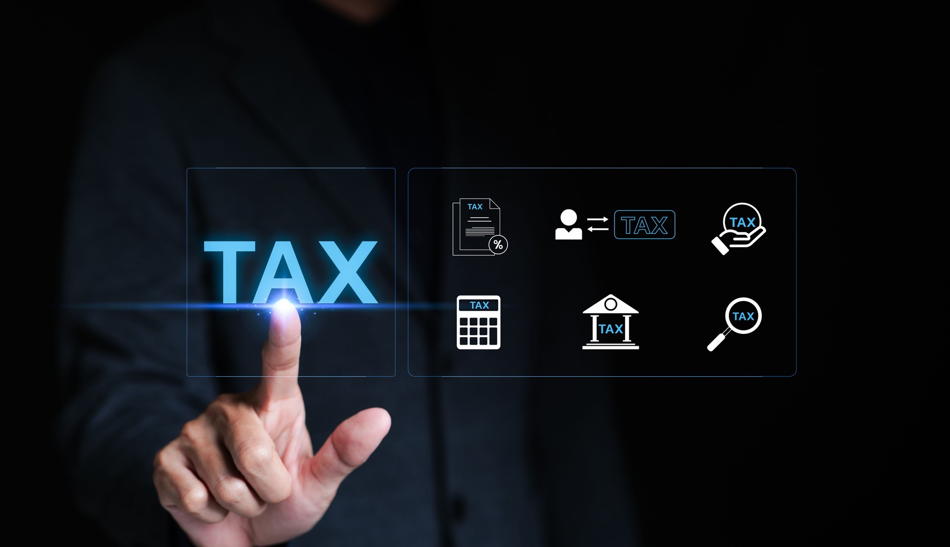 Businessman touching "TAX" with icons Individual income tax return form online for tax payment concept. Government, state taxes, paperwork e-tax, Report and Calculation tax return, financial research,